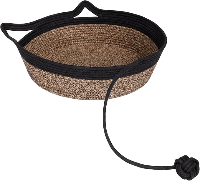 Cotton Rope Woven Cat Bed Basket, Hand Woven Cat Bed with Toy Tail, Small Dogs Sofa Bed, Pet Sleeping Bed Basket for Indoor Cats, Puppies, Rabbits (Large, Black & Brown)