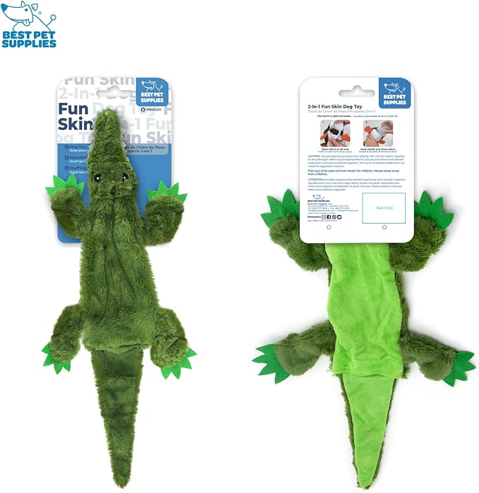 Best Pet Supplies 2-in-1 Stuffless Squeaky Dog Toys with Soft, Durable Fabric for Small, Medium, and Large Pets, No Stuffing for Indoor Play, Holds a Plastic Bottle - Alligator, Large (Pack of 3)