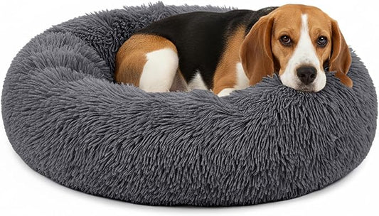 PetAmi Calming Dog Bed for Small & Medium Dogs and Cats, 30 Round Donut Dog Bed, Washable Fluffy Faux Fur Puppy & Cat Bed, Anti-Anxiety Plush Cuddler Pet Bed with Anti-Slip Bottom - Dark Gray