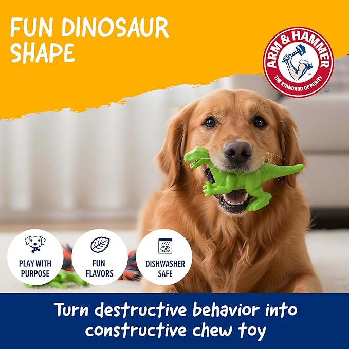 Arm & Hammer Nubbies Denta-Saurus T-Rex Dog Dental Chew Toy, Mint Flavor, for Moderate Chewers, Nylon, Reduces Plaque and Tartar Without Brushing, Baking Soda Infused - 24 Pack