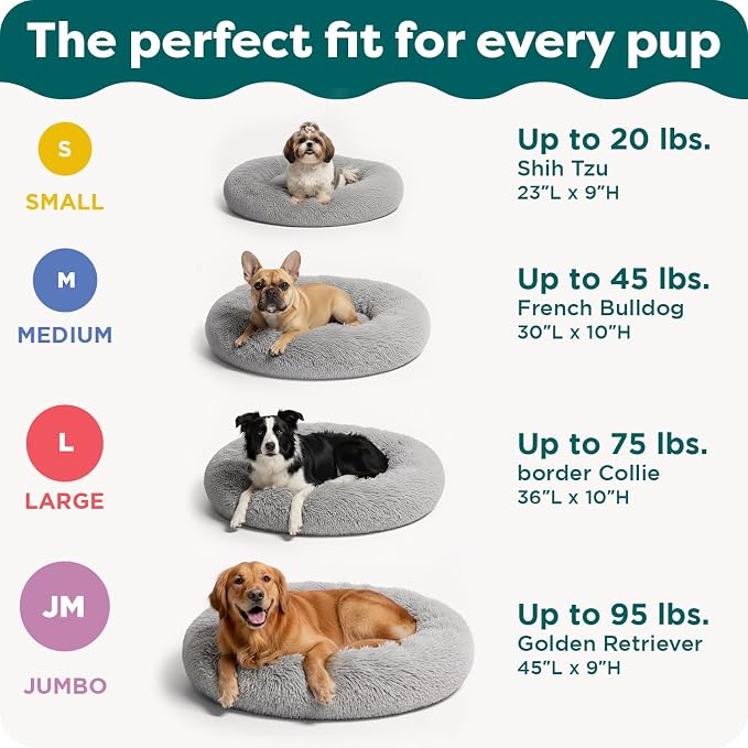 FurHaven 23" Calming Donut Dog Bed for Small Dogs & Cats, Round Plush Donut Design with Soft Filling for Snuggling Comfort, Removable Washable Cover, Small, Shaggy Faux Fur, Mist Gray