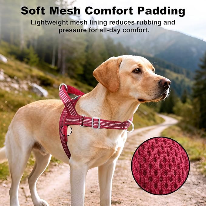 No Pull Dog Harness with Handle, Adjustable Soft Mesh Padded Reflective Walking Harness with Front Clip for Small Medium Large Dogs – Quick Fit No Escape for Training and Hiking (Red, L)