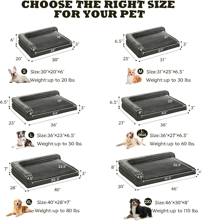 WINDRACING Orthopedic Dog Beds for Small Dogs, Waterproof Egg Foam Dog Sofa Bed with L Bolster Sides, Washable Small Pet Bed with Removable Cover & Non-Slip Bottom, 30 x 20 inch, Gray