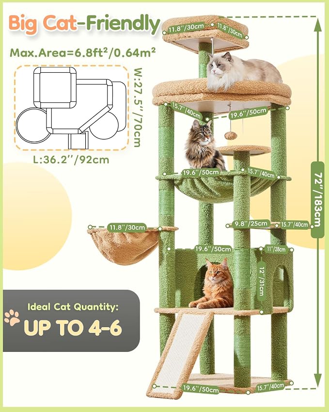 Taoqimiao 72 Inches Cat Tree for Large Cats, Multi-Level Tall Cat Tower, Widened Cat Condo with Large Scratch Board, 5 Scratching Posts, Metal Hammcock, Cozy Basket, Cactus, MS045T