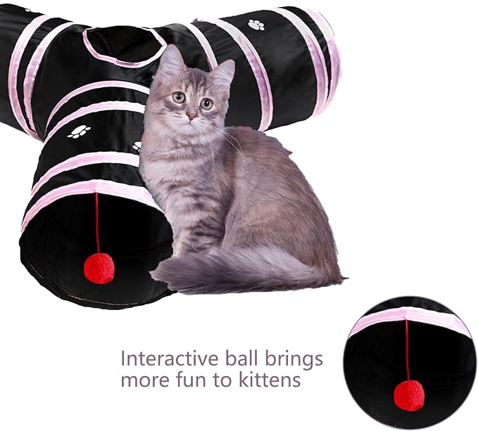 3 Way Cat Tunnel Collapsible Fun Pet Play Tube Toys for Cats, Kittens, Puppies & Rabbits - Portable Tunnel with Hanging Ball for Indoor Play, Hideout & Exercise