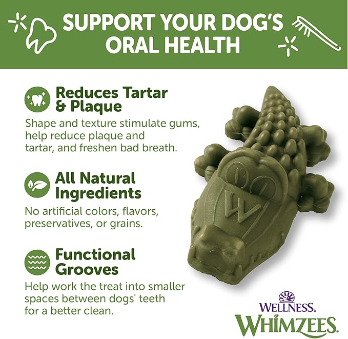 Whimzees Wellness Alligator Natural Dog Dental Treat, Chews, Freshens Breath, Large Size, 12.7 oz Bag, 6 Count