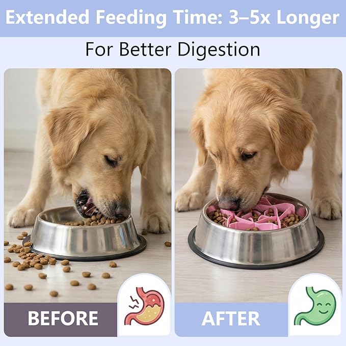 Silicone Dog Slow Feeder Bowl Insert with Suction Cups, Cuttable Food-Grade Lick Mat Divider Fits Stainless Steel Ceramic Glass Dog Bowls, Helps Slow Down Eating, Pink