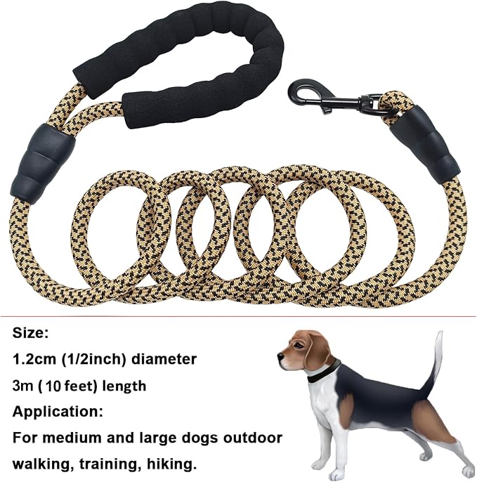 MayPaw Heavy Duty Rope Dog Leash, 6/8/10/15/20 FT Nylon Pet Leash, Soft Padded Handle Thick Lead Leashes for Large Medium Dogs (Brown, 1/2" * 10')