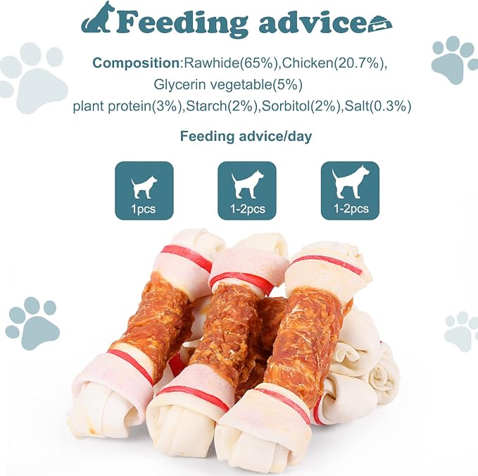 Chicken Wrapped Rawhide Bones, 6.5 Inch Large Knots for Medium and Large Dogs, High Protein 65% Long Lasting Dog Chews, 16 Ounces