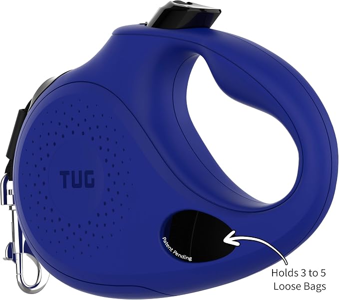 TUG Oval 360° Tangle-Free Retractable Dog Leash with Integrated Waste Bag Dispenser (Medium, Blue)
