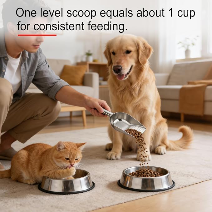 Pet Dog Food Scoop, 304 stainless steel material, 1 Cup Measuring Cup with Precision Scale Markings, Durable and Rust-Resistant
