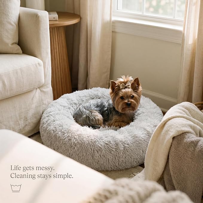 Calming Donut Dogs Beds for Small Dogs Washable,19inch Fluffy Round Puppy Bed for Puppies,Cats & Toy Breeds with Raised Rim,Fits up to 15 lbs Pets,Frost Grey