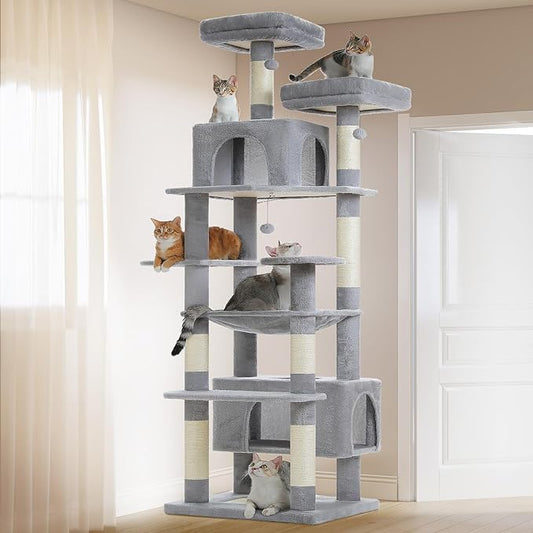 PAWZ Road Heavy Duty Cat Tree for Large Cats, 81 Inches Tall Cat Tower with 2 Perches, 2 Condos and Spacious Hammock, XL Extra Large Condo with 7 Scratching Posts for 20lb+ Adult Cats,Gray