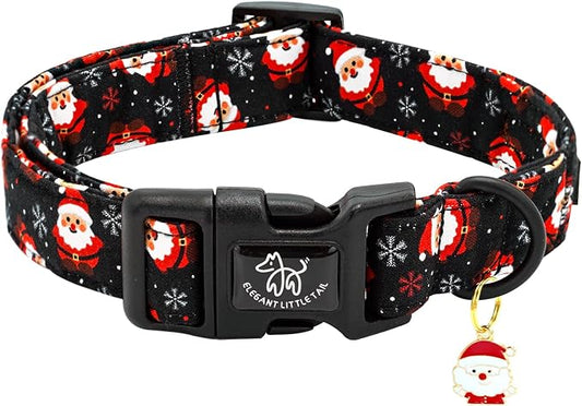 Elegant little tail Christmas Dog Collar, Santa Claus Print Pet Collar Cotton Soft Plastic Buckle Sturdy Puppy Collars Holiday Female or Male Adjustable Collar for Small Puppy