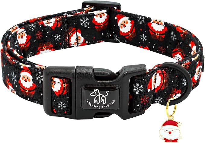 Elegant little tail Christmas Dog Collar, Santa Claus Print Pet Collar Cotton Soft Plastic Buckle Sturdy Puppy Collars Holiday Female or Male Adjustable Collar for Large Dogs