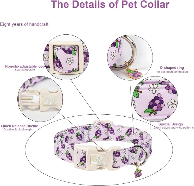 Summer Dog Collar Cute Grape Dog Collars for Medium Dogs - Lightweight Adjustable Boy Girl Dogs Everyday Collar with Quick Release Buckle M