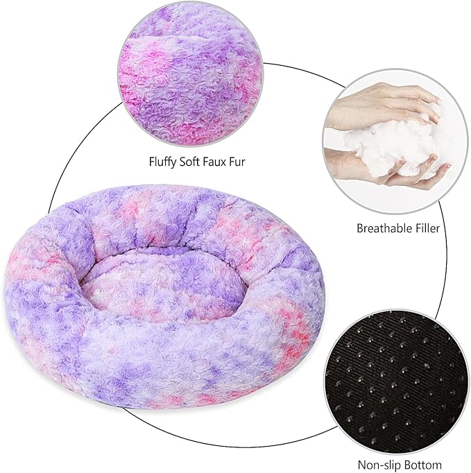 Calming Dog Bed for Medium Dogs Cats, Puppy 31'' Round Anti-Anxiety Warm Fluffy Plush Faux Fur Bed, Soft Anti-Slip Donut Washable, Cozy Medium Puppy Bed, Fits up to 50 lbs Pets