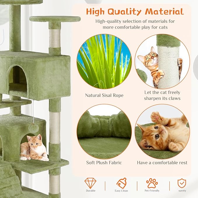 DUMOS 54 Inch Cat Tree Tower, Indoor Multi-Level Pet House for Large Cats Tree with 2 Condos, Scratching Posts, Round Platform, Small Ladder, and Toys, Green