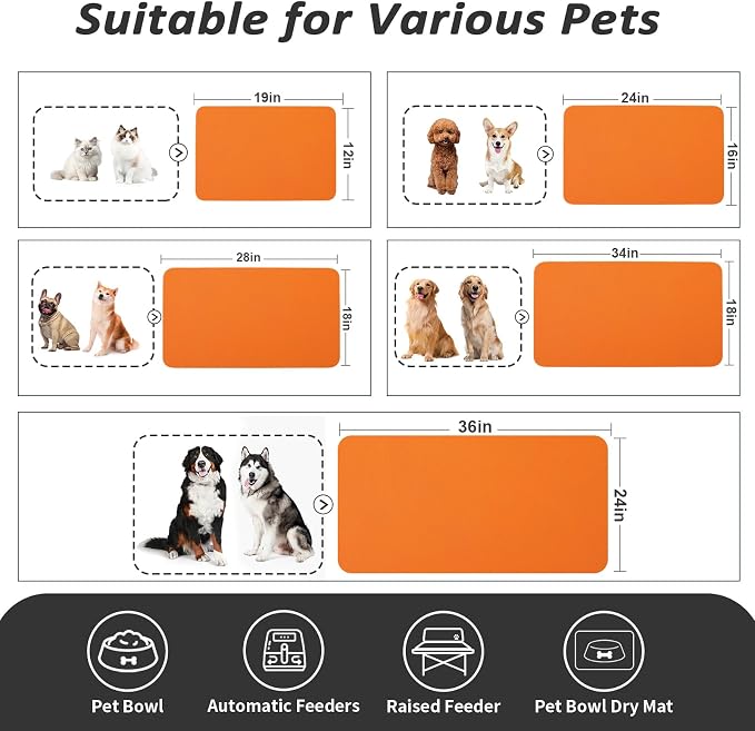 HotLive Dog Food Mat - Absorbent Cat Mat for Food and Water, No Stains Pet Feeding Bowl Mat, Easy to Clean Pet Placemats, Quick Dry Dog Water Dispenser Mat for Messy Drinkers | Orange 16"x 24"