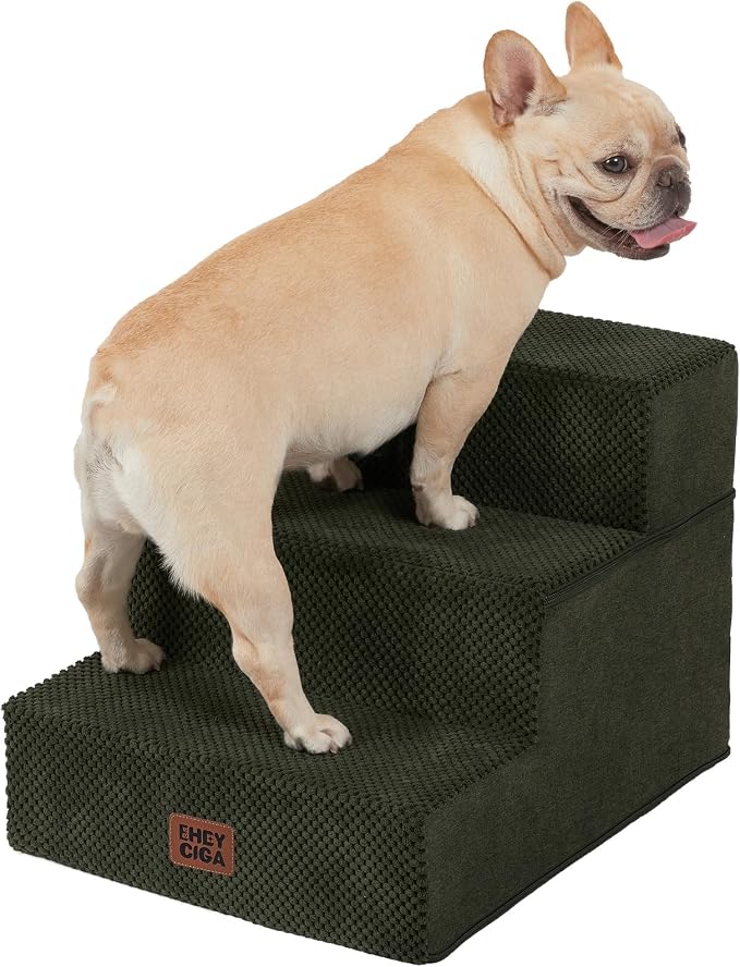 EHEYCIGA Dog Stairs for Small Dogs 13.5" H, 3-Step Dog Steps for Couch Sofa and Chair, Pet Steps for Medium Cats, Non-Slip Balanced Pet Ramp Indoor, Military Green