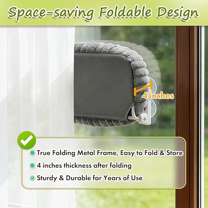 Zoratoo 2PC Cat Window Perch with Bolster Foldable Cat Hammock Cushion Bed for Window with Metal Frame, Cloud-Cuddle Cordless Window Resting Seat for Indoor Cats (Cushion Bed, Gray-M)