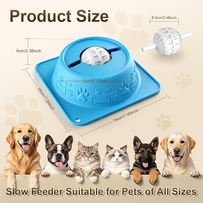 Slow Feeder Lick Bowl for Dogs and Cats, Anti-Slip Pet Water Bowl with Smooth Rolling Ball, No Spill Bowl for Water, Bone Broth, Yogurt & Pumpkin Puree, for Large Medium Small Pets, Light Blue