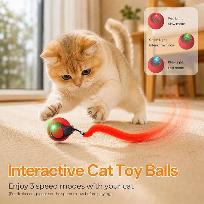 Geamen Interactive Cat Toys with Bird Sounds & 3 Speed Modes, Rechargeable Automatic Moving Cat Toy with 3 Tails, Fast Charging Smart Rolling Ball for Indoor Cats to Chase Play on Hard Floor Carpet
