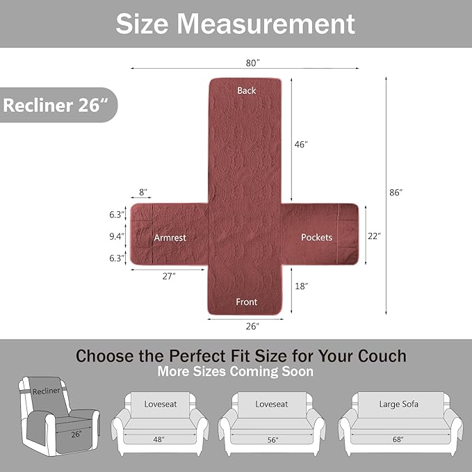 Red Quilted Recliner Chair Covers, Waterproof Medium Chair Covers, Lazy Boy Chair Covers, Pet Friendly Recliner Slipcover for Dogs Cats, Washable Furniture Protector (Recliner 26", Red)