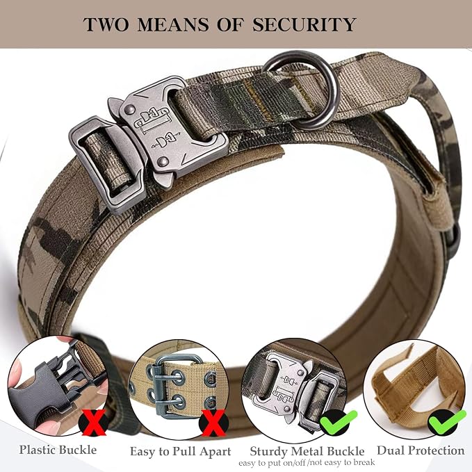 Tactical Dog Collar Military Dog Collar Adjustable Nylon Dog Collar Heavy Duty Metal Buckle with Handle for Dog Training (Camo,S)