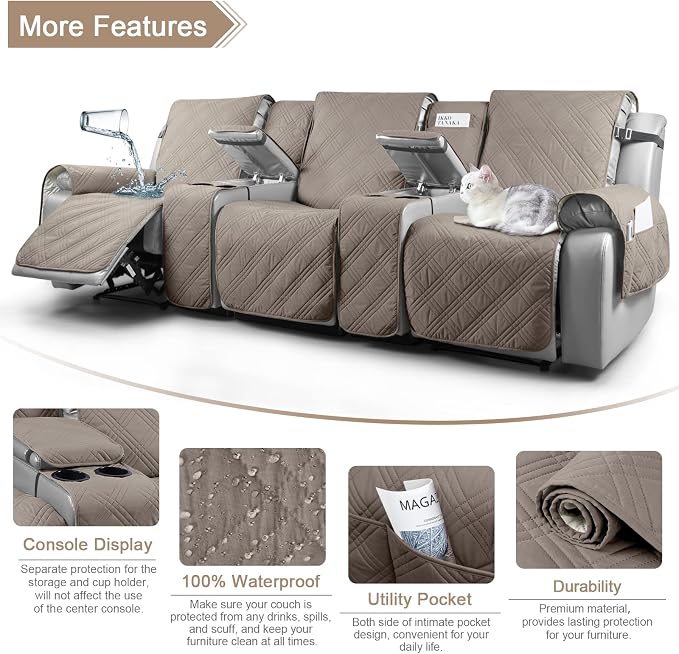 TAOCOCO 100% Waterproof Recliner Couch Covers with Console, Sofa Covers for Reclining Sofa 3 Seat with Straps Design, Split Recliner Sofa Cover Furniture Pets Kids Protector (3 Seater, Taupe)