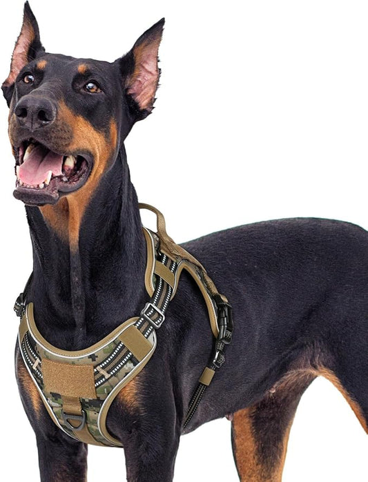 rabbitgoo Tactical Dog Harness for Large Dogs No Pull Adjustable Military Vest with Handle MOLLE Reflective Heavy Duty Dog Vest for Walking Training Hunting Outdoor Medium Size Dog Brown Camo XL