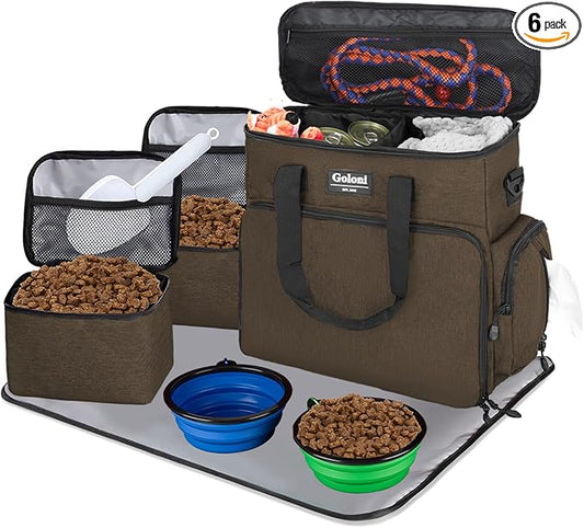Dog Travel Bag Airline Approved–Pet Travel Tote with Collapsible Bowls,Food Containers & Feeding Mat–Multi-Pocket Organizer for Dogs & Cats, Durable & Water-Resistant for Hiking,Trips,Outdoors