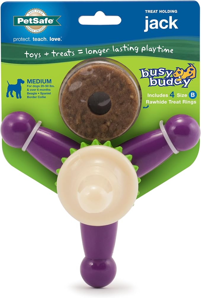 PetSafe Busy Buddy Jack - Treat Holding Dog Chew Toys - Helps Clean Teeth - Vanilla Scented Rubber for Strong Chewers - Treat Refills Included - Interactive Dog Toy Keeps Dogs Busy - Purple, Medium