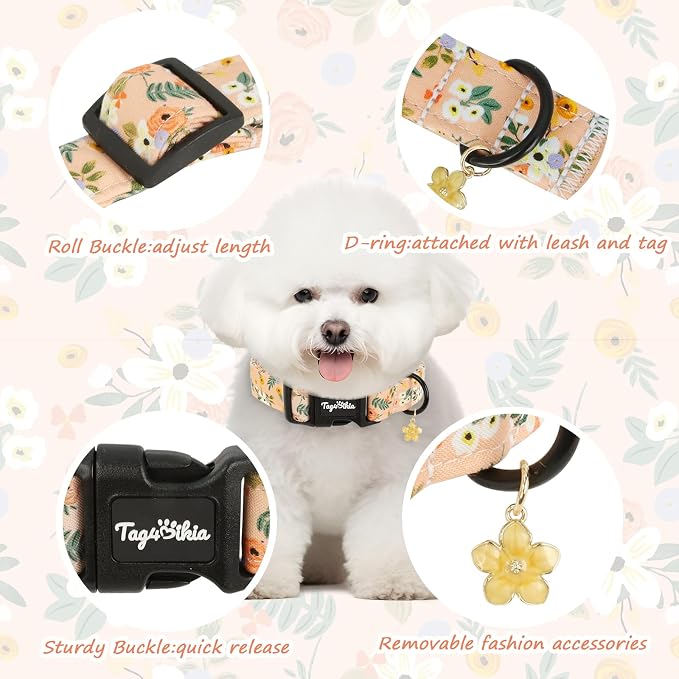 Dog Collar with Floral Patterns, Spring Summer Collection Orange Dog Collar with Exquisite Pendant, Durable Adjustable Collars for Gifts & Daily Use-S