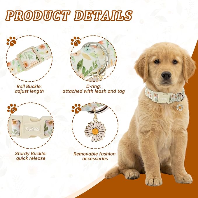 Floral Dog Collar, Spring Summer Cute Daisy Print for Small Medium Large Dogs, Cotton Puppy Collar with Adjustable Buckle, Girl Female Dog Collars for Gifts & Daily Use-XS
