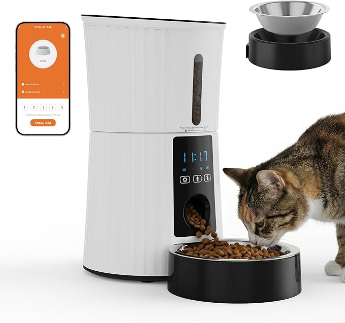 DUMOS 2.4G WiFi Automatic Cat Feeder, 4L Timed Cat Food Dispenser with APP Control, 10s Voice Recorder, Dual Power Supply, Indoor Programmable Pet Feeder with Desiccant for Small Cats and Dogs, White