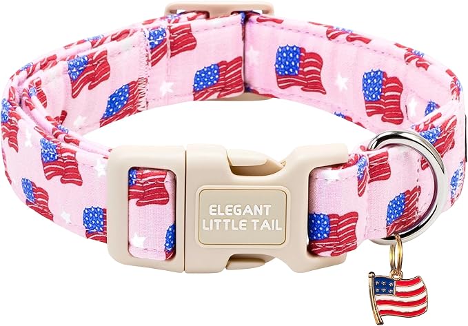 EElegant Little Tail 4th of July Dog Collar with Pendant, Pink Stars & USA Flag Pattern Cotton, Sturdy Quick-Release Plastic Buckle, Girl Adjustable Pet Collar for X-Small Dogs