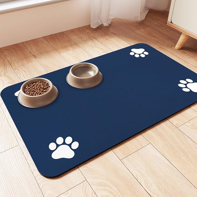 Pet Feeding Mat-Absorbent Pet Placemat for Food and Water Bowl, with Waterproof Rubber Backing, Quick Dry Water Dispenser Mat for Dog and Cat (32"x22", Navy Blue)