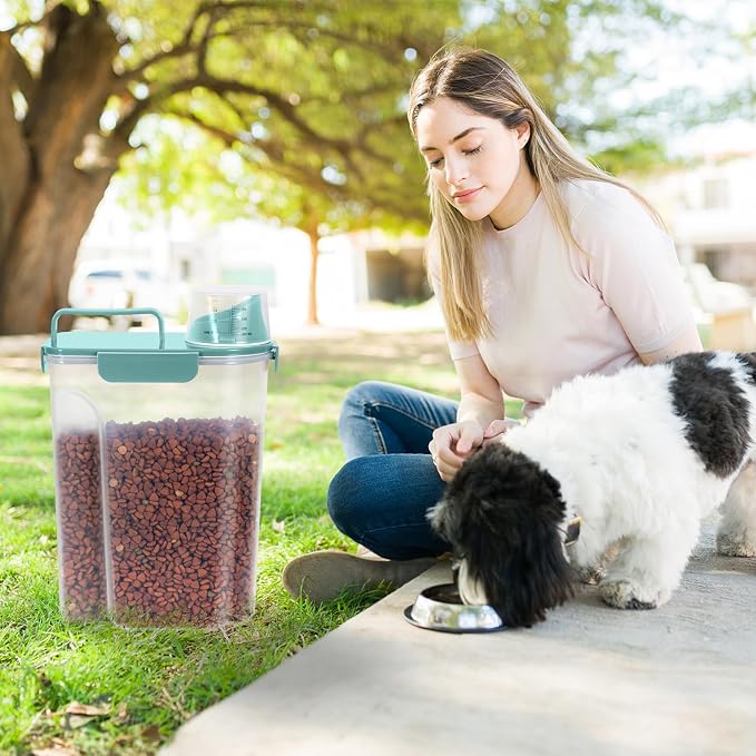 LEAWALK 5-7Lbs Dog Cat Food Storage Container with Upgraded Large Nozzle BPA-free, 4 Snap Seals Plastic Pet Food Storage Containers with Handles (Elegant Blue, 5L-2pack)