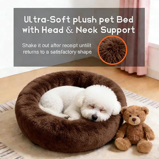 Comfort Donut Dog Bed for Small Dogs, Cat Bed & Pet Bed for Indoor Use, Medium Size with Soft Plush, Round Dog Beds for Large Dogs and Cats(Coffee, 32''Lx32''Wx8''Th)