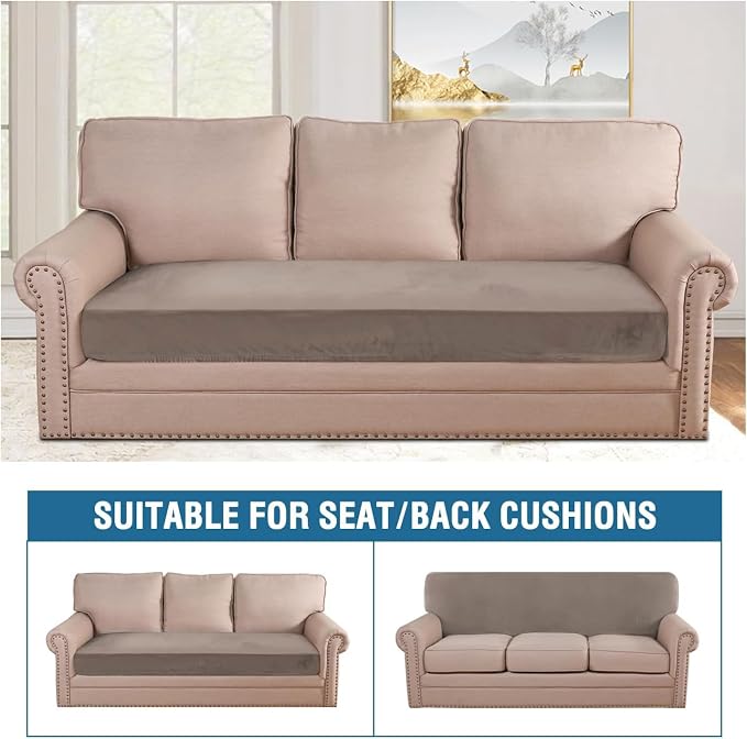 H.VERSAILTEX Velvet Stretch Individual Couch Cushion Cover Plush Cushion Slipcover for Loveseat Sofa Cushion Furniture Protector Seat Cushion Sofa Cover (1 Piece Sofa Cushion Cover, Taupe)
