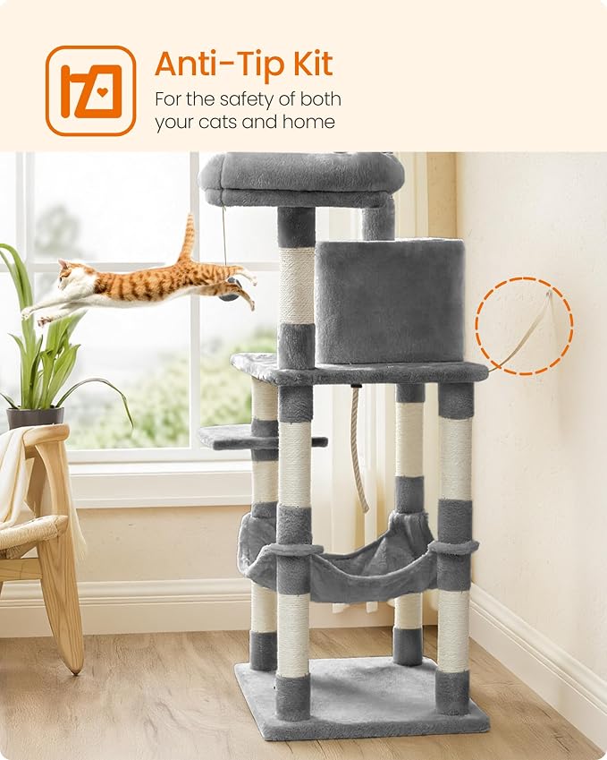 Feandrea Cat Tree, 55.8-Inch Cat Tower, Multi-Level Plush Condo with 11 Scratching Posts, 2 Perches, Hammock, Cave, Light Gray UPCT15W