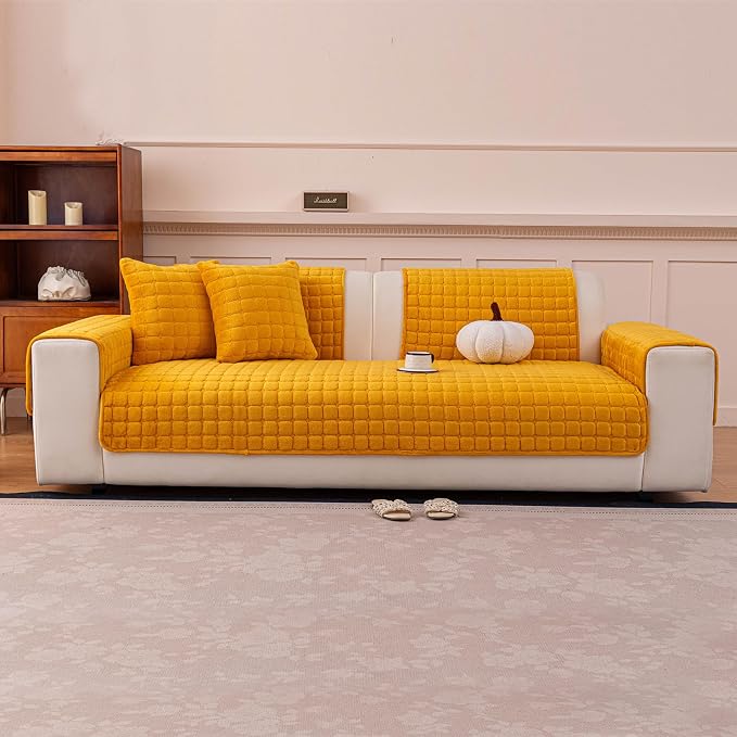 Velvet Couch Cover, Plush Sectional Sofa Cover Washable, Anti Slip Sofa Slipcover for Armrest & Backrest, Furniture Protector Covers for Pets & Kids(1PC,Mustard Yellow,36"×36")