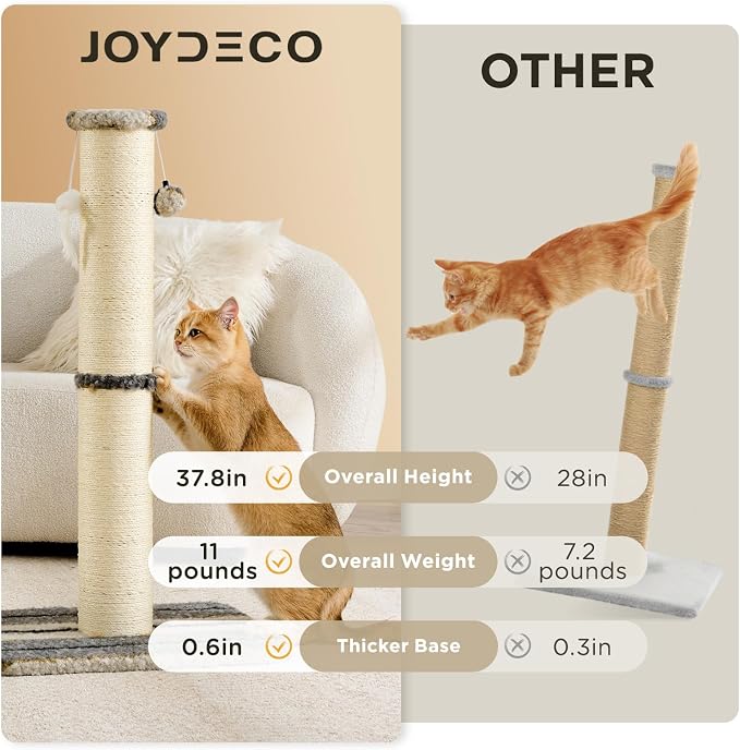 Joydeco Cat Scratching Post 38 Inches Heavy Duty and Thick Scratching Post Sisal Rope with Hanging Ball and Mice for Indoor Cats(Grey)