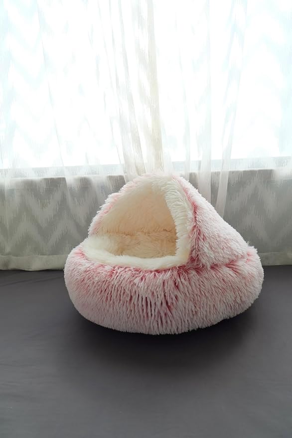 ZaneSun Calming Dog Bed & Cat Cave with Hooded Cover, Plush Fluffy Anti-Anxiety Cat Bed, Waterproof Bottom Washable (Pink, 25.6X25.6inch)