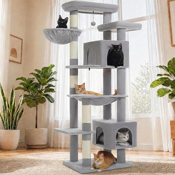 69” Tall Cat Tree for Indoor Cats Large Adult, Multi-Level Cat Tower with Scratching Post, Dual Top Perches, Big Hammock & 2 Spacious Condos, Cat Furniture for Multi-Cat Households, Grey