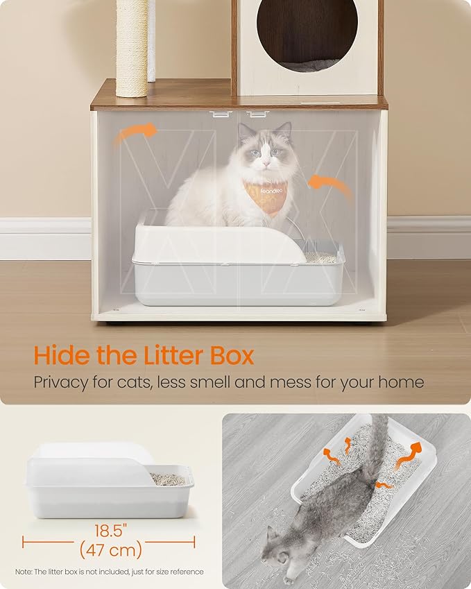 Feandrea Cat Tree with Litter Box Enclosure, 59-Inch Modern Cat Tower, 2-in-1 Condo with Scratching Posts, Washable Removable Cushion, Rustic White and Honey Brown UPCT113W201