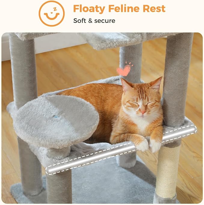 MUTTROS Cat Tree for Indoor Cats, 44.5" Multi-Level Cat Tower with Large Metal Frame Hammock, Cat Condo with 2 Scratching Posts and Top Perch for Small to Medium Cats, Grey