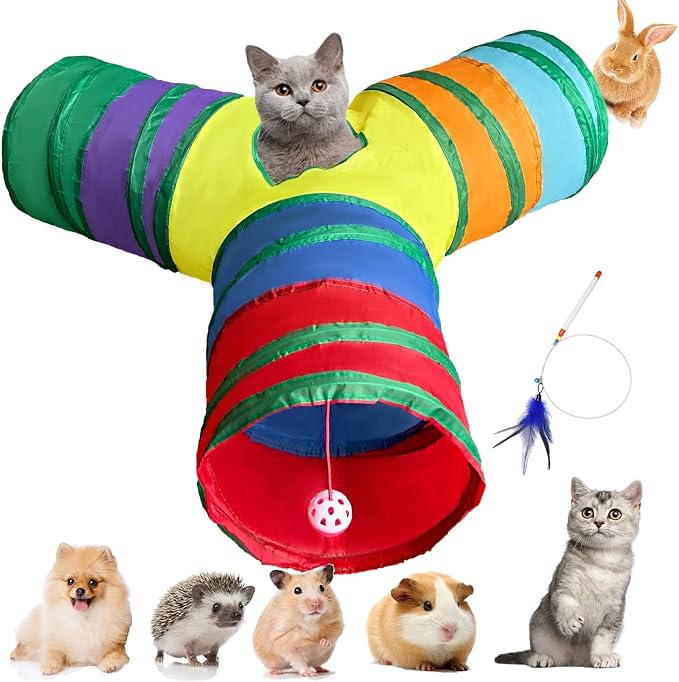 3-Way Collapsible Cat Tunnel Tube Toy Rainbow Y — Interactive Play Tunnel with Hanging Ball & Peek Hole for Indoor Cats, Kittens, Puppies & Rabbits | Hours of Fun & Exercise