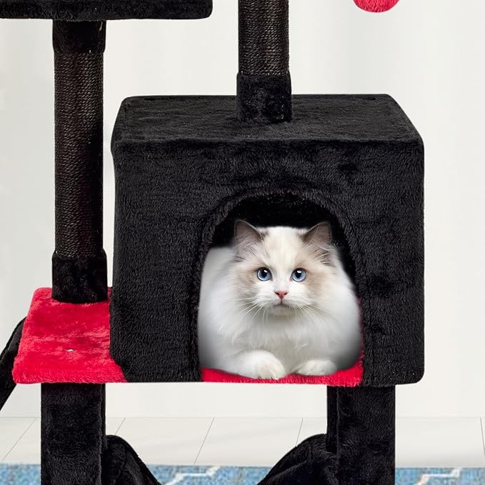 Gothic Cut Cat Tree with Coffin Bed for Indoor Cats Cat Tower with Scratching Post Modern Activity House for Large Cats Condo with Board Kittens Cave Hammock Hanging Ball RED Black